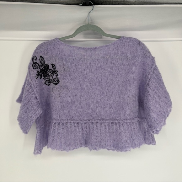 Free People Purple Embroidered Alpaca Blend Cropped Pointelle Knit Sweater S NWT - Picture 10 of 10